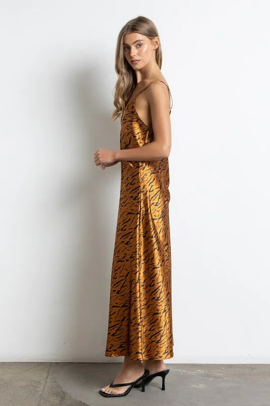 Rust Animal Print Satin Midi Slip Dress