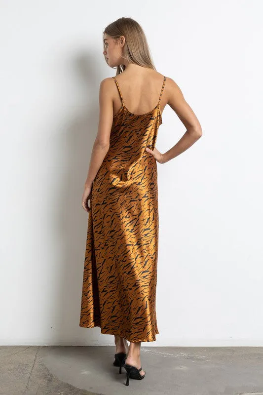 Rust Animal Print Satin Midi Slip Dress