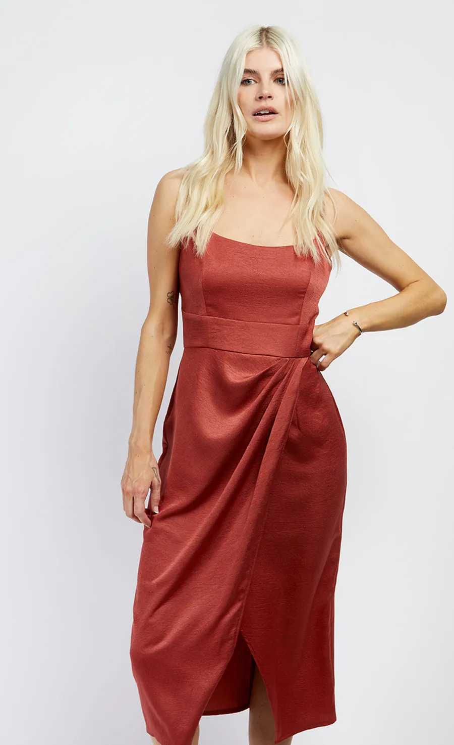 Rust Satin Scoop Neck Midi Dress