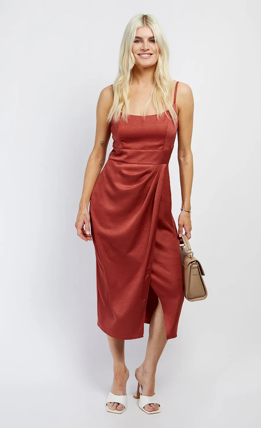 Rust Satin Scoop Neck Midi Dress