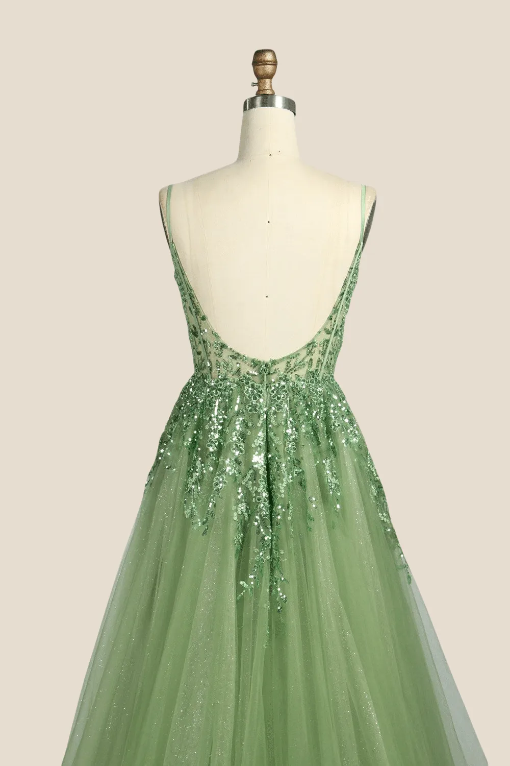 Sage Green Sequin A-line Long Dress with Slit