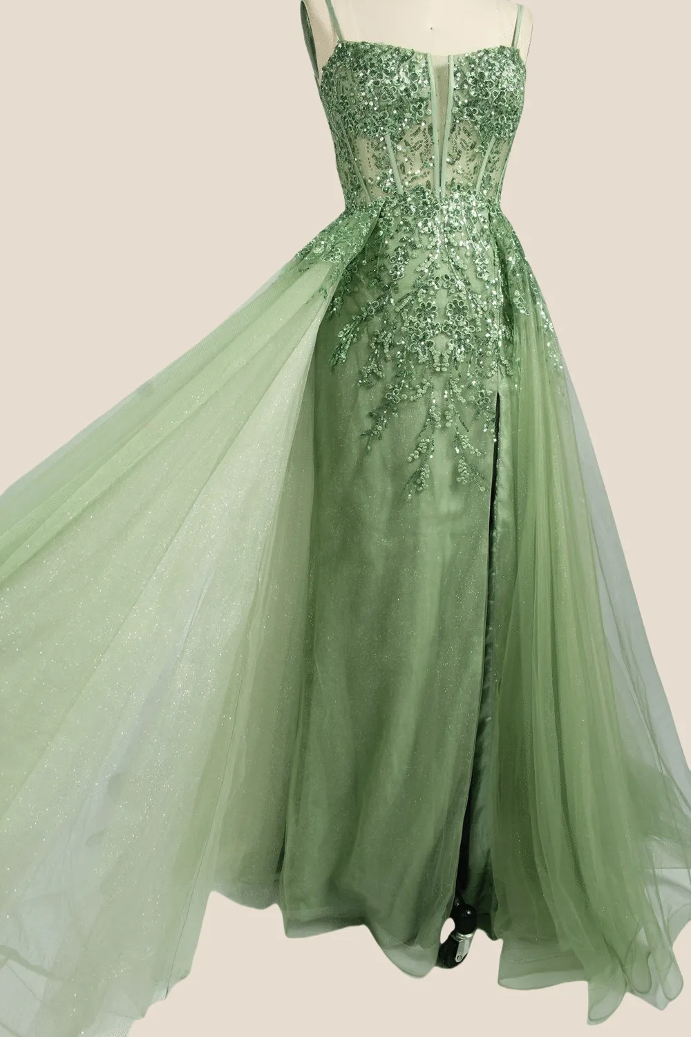 Sage Green Sequin A-line Long Dress with Slit