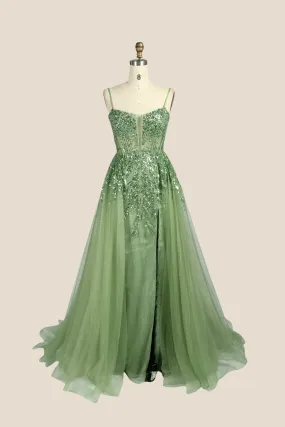 Sage Green Sequin A-line Long Dress with Slit