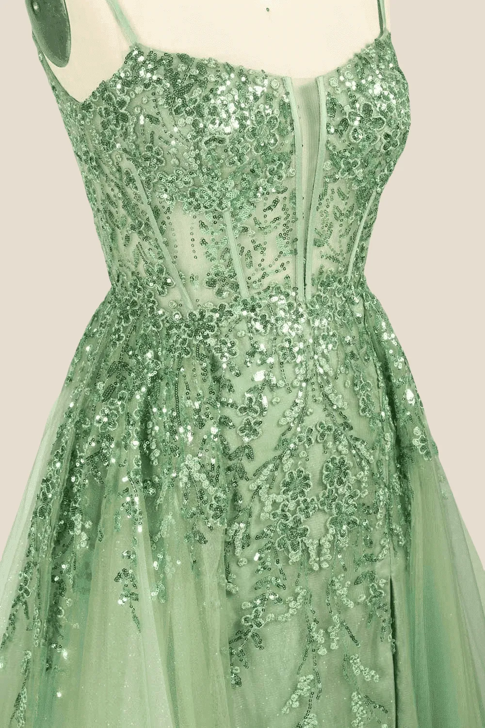 Sage Green Sequin A-line Long Dress with Slit