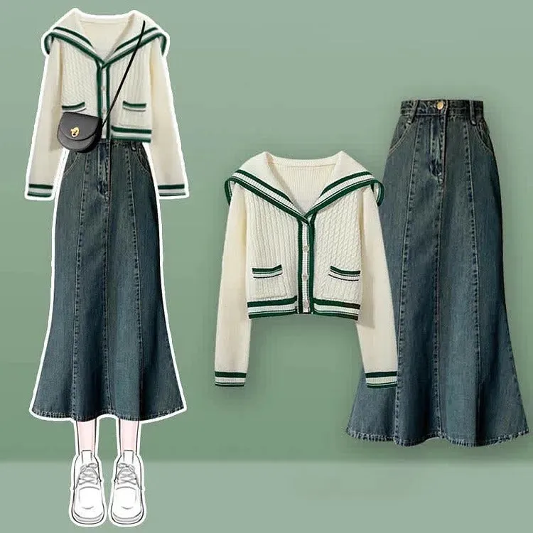 Sailor Collar Sweater Slip Dress Denim Skirt Two Piece Set