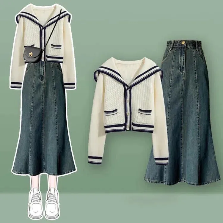 Sailor Collar Sweater Slip Dress Denim Skirt Two Piece Set