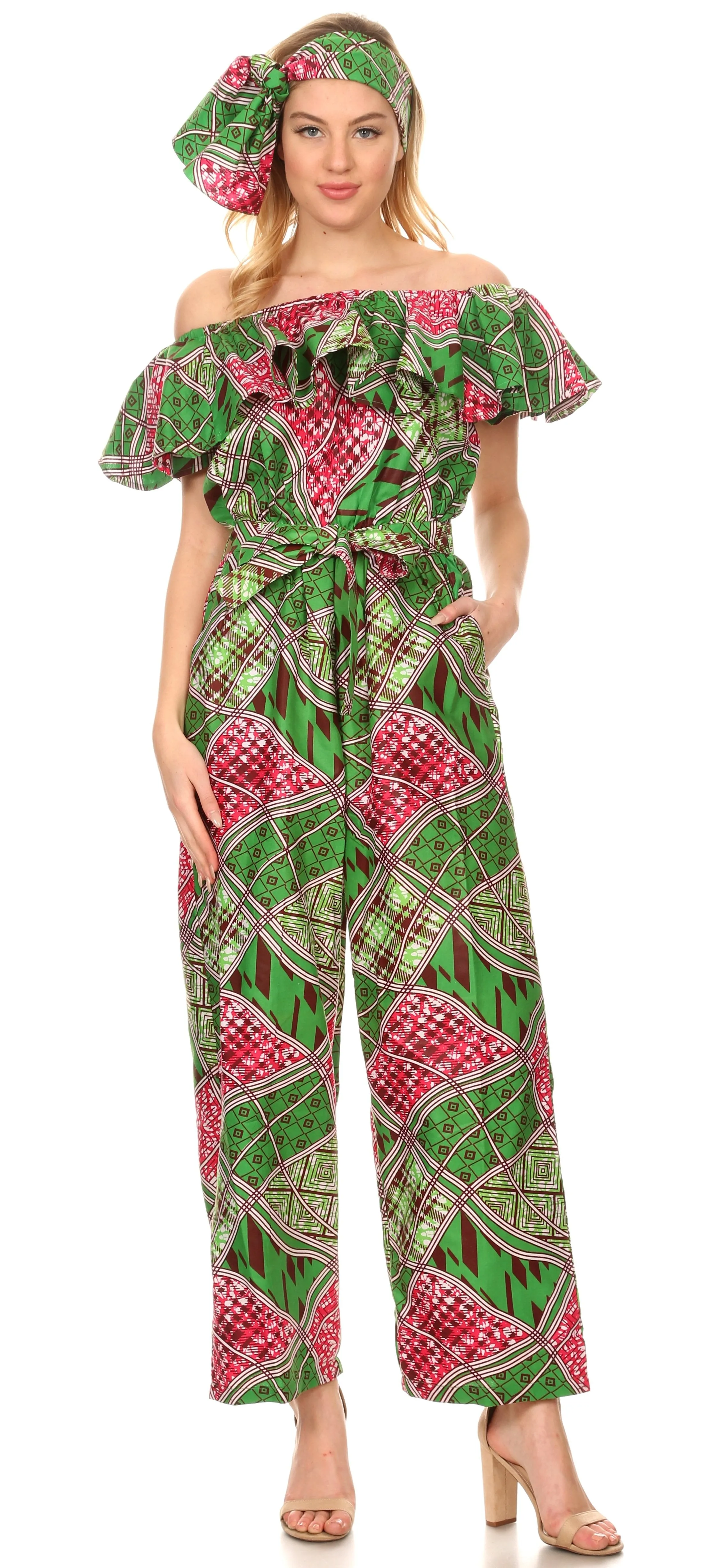 Sakkas Lelisa Ruffle Off-shoulder Long Jumpsuit w/pockets Wax African Ankara Dutch