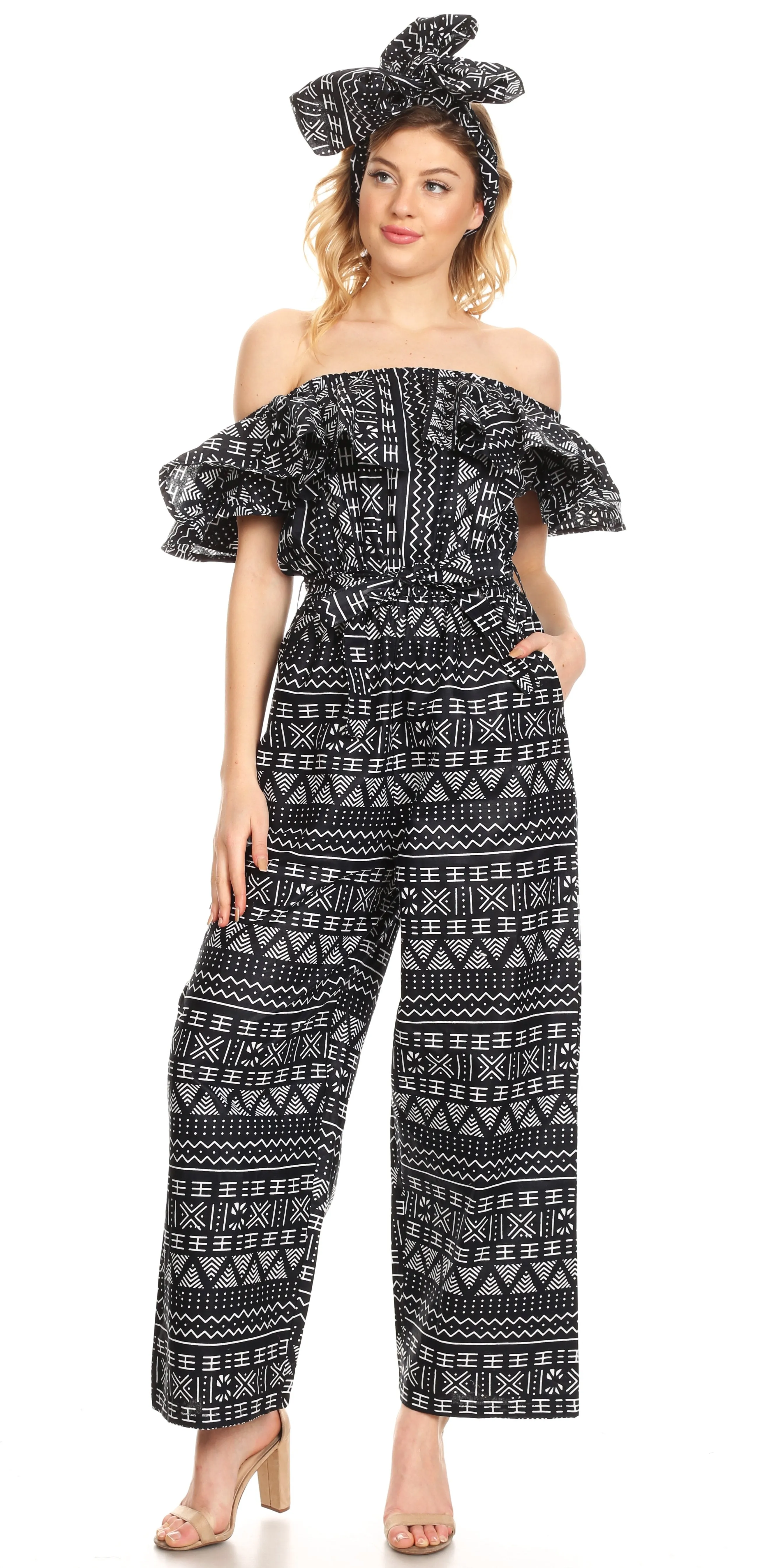 Sakkas Lelisa Ruffle Off-shoulder Long Jumpsuit w/pockets Wax African Ankara Dutch