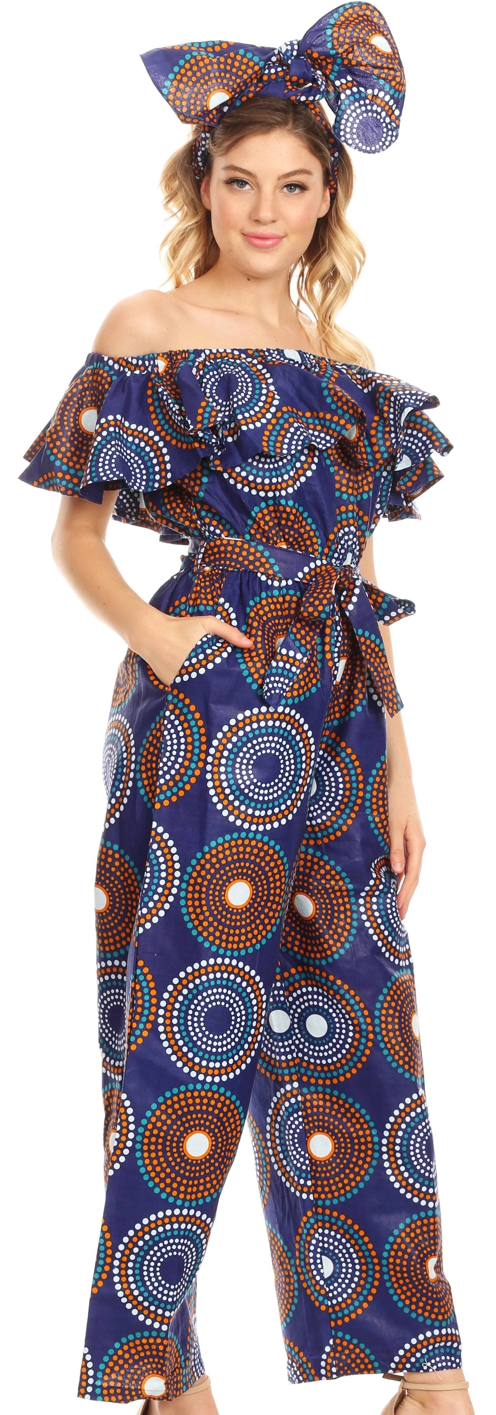 Sakkas Lelisa Ruffle Off-shoulder Long Jumpsuit w/pockets Wax African Ankara Dutch