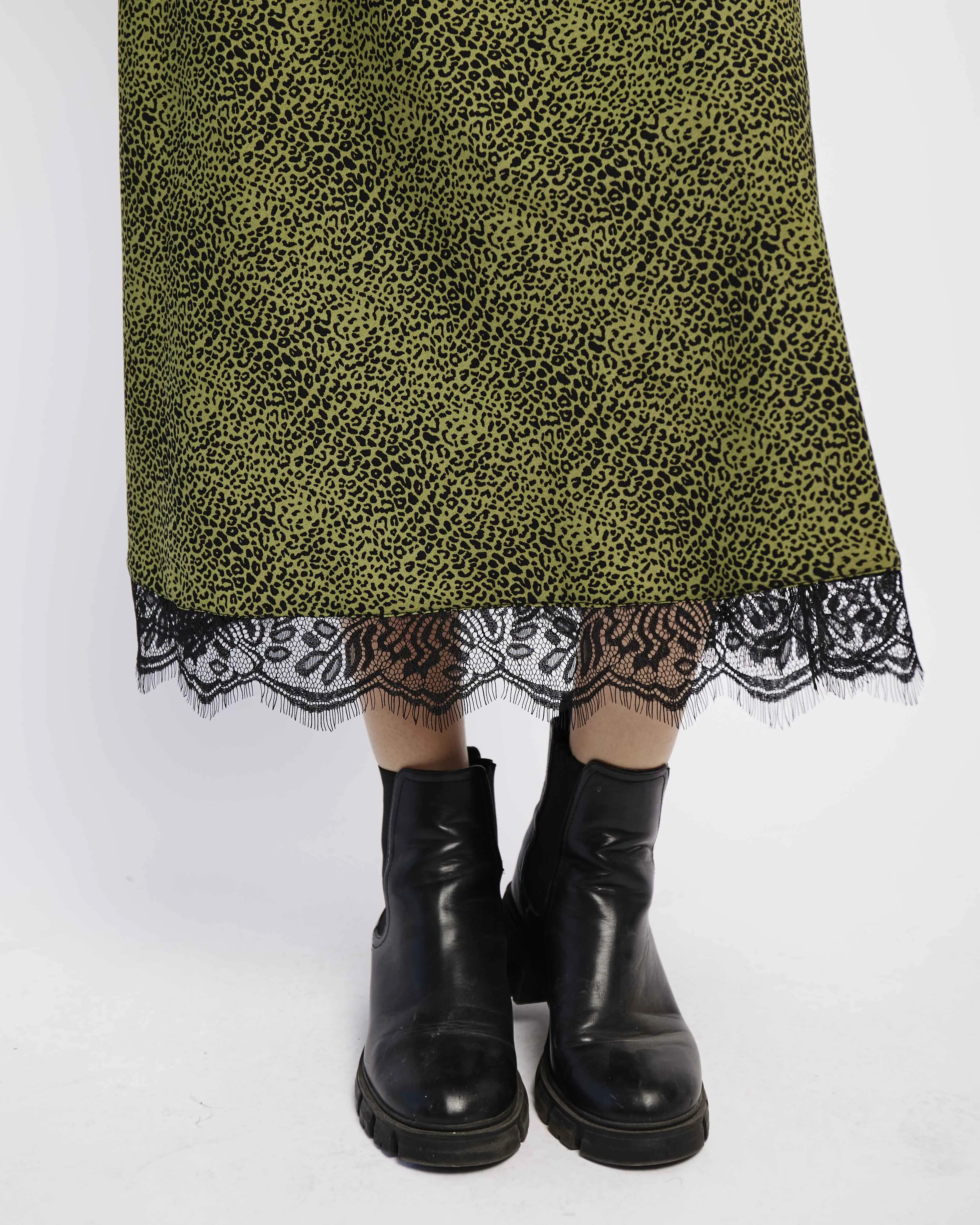 Satin Bias Skirt with Lace in Fatigue Animal