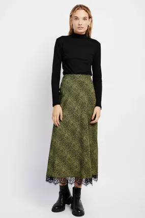 Satin Bias Skirt with Lace in Fatigue Animal