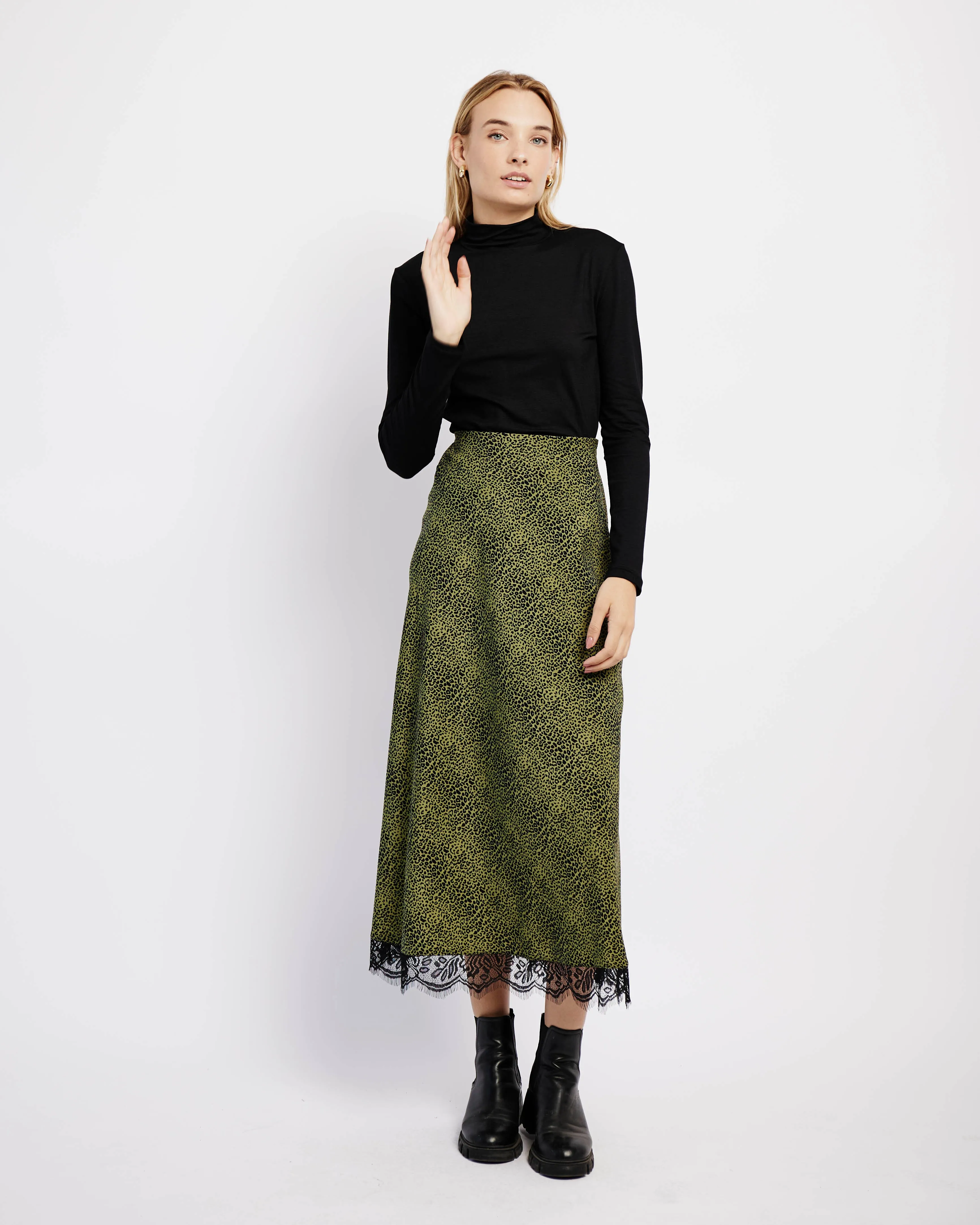 Satin Bias Skirt with Lace in Fatigue Animal