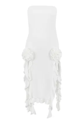 Sexy Rosette Applique Strapless Side Split Draped Ruffle Club Midi Dress