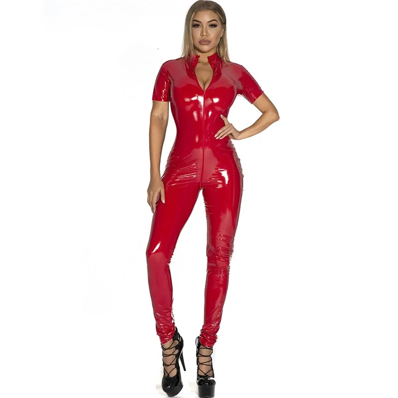 Short Sleeve Zipper Glossy Catsuit Shiny Jumpsuit Clubwear Wetlook PVC Tights Patent Leather Bodysuit