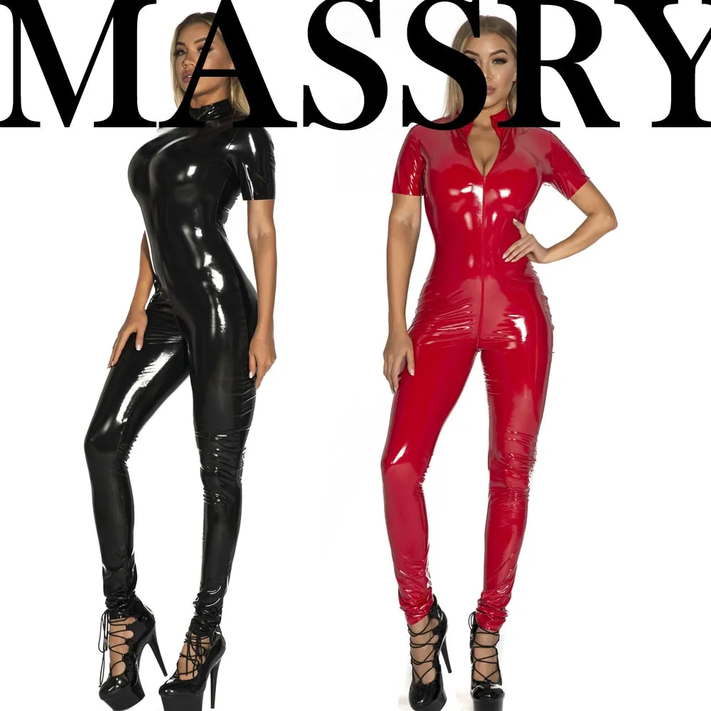 Short Sleeve Zipper Glossy Catsuit Shiny Jumpsuit Clubwear Wetlook PVC Tights Patent Leather Bodysuit