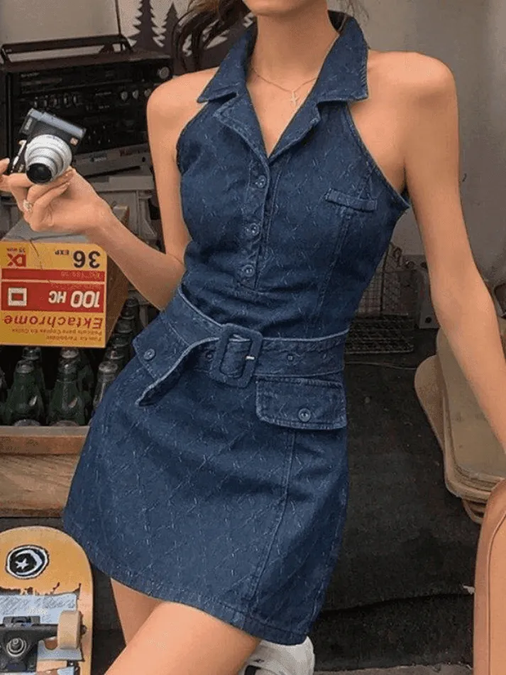 Sleeveless Polo Collar Denim Mini Dress