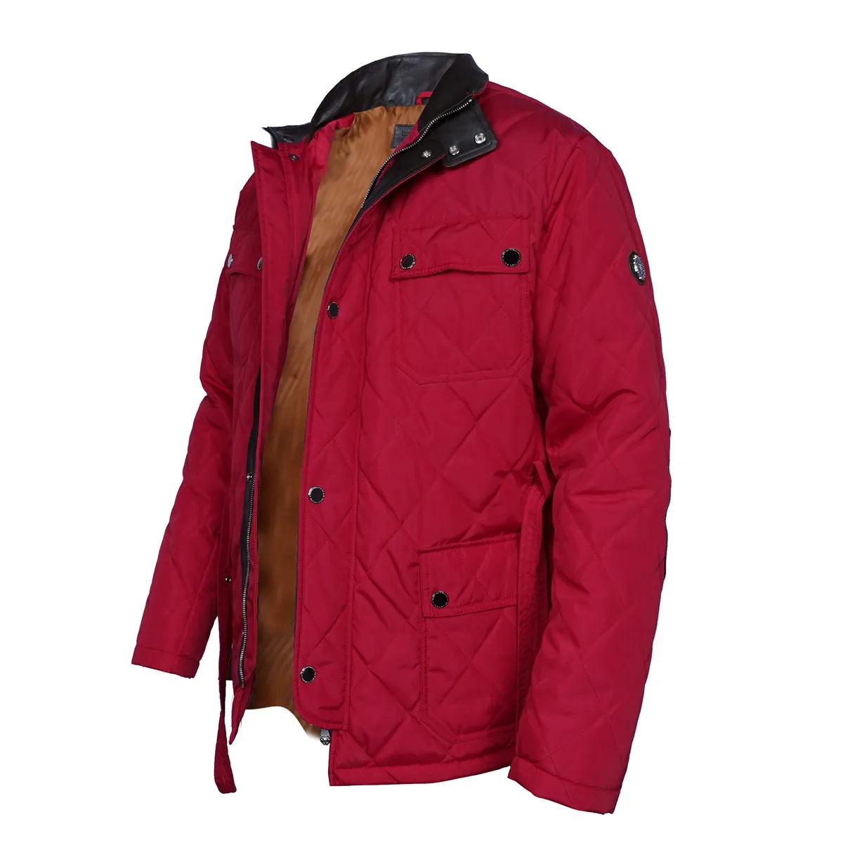 Standing Collar Red Puffer Jacket with Adjustable Waist Belt Zipper Snap Button