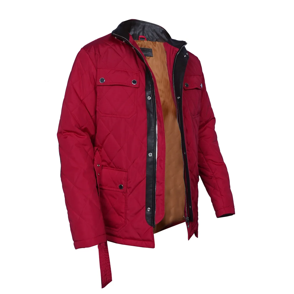 Standing Collar Red Puffer Jacket with Adjustable Waist Belt Zipper Snap Button