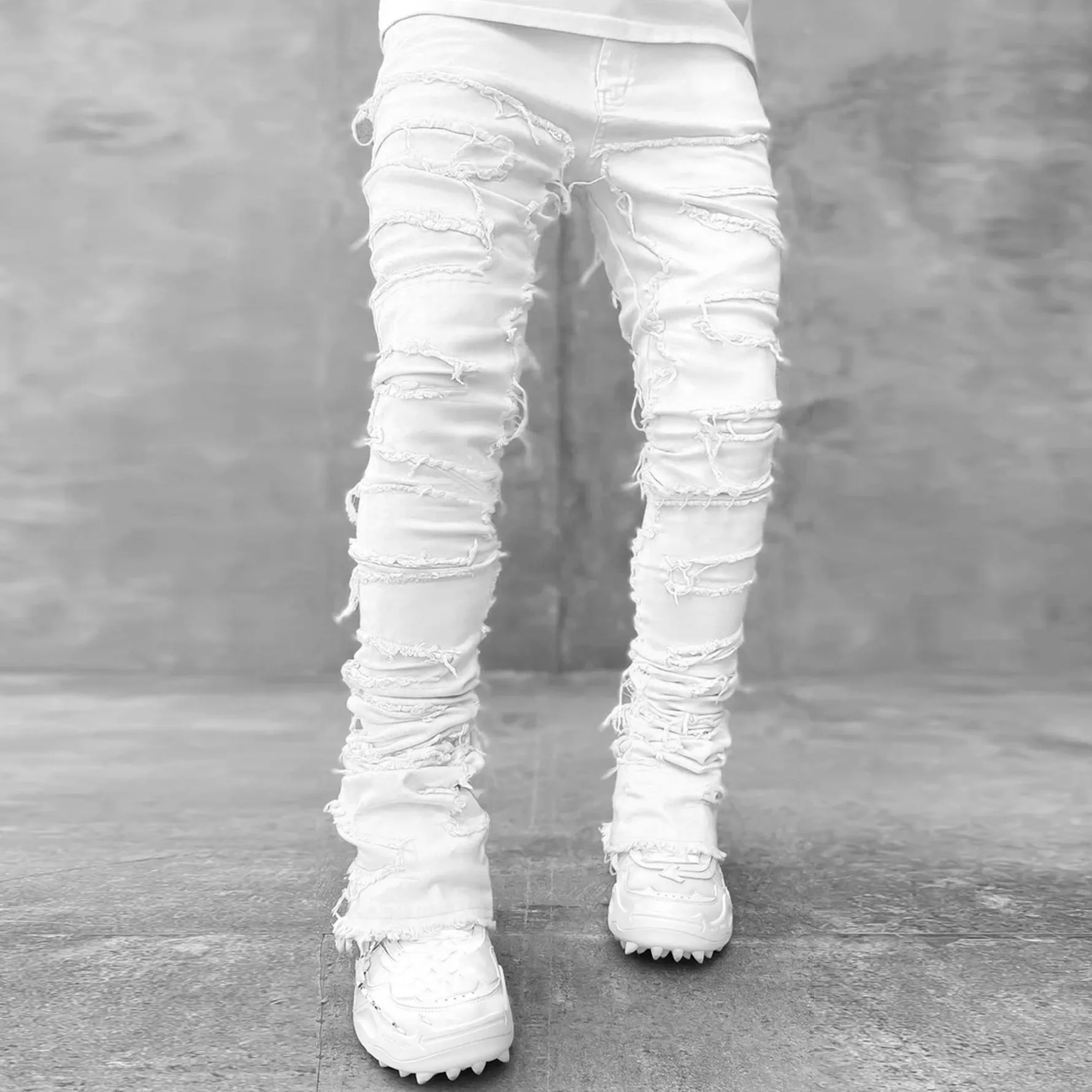 Street fashion stretch patch denim straight pants