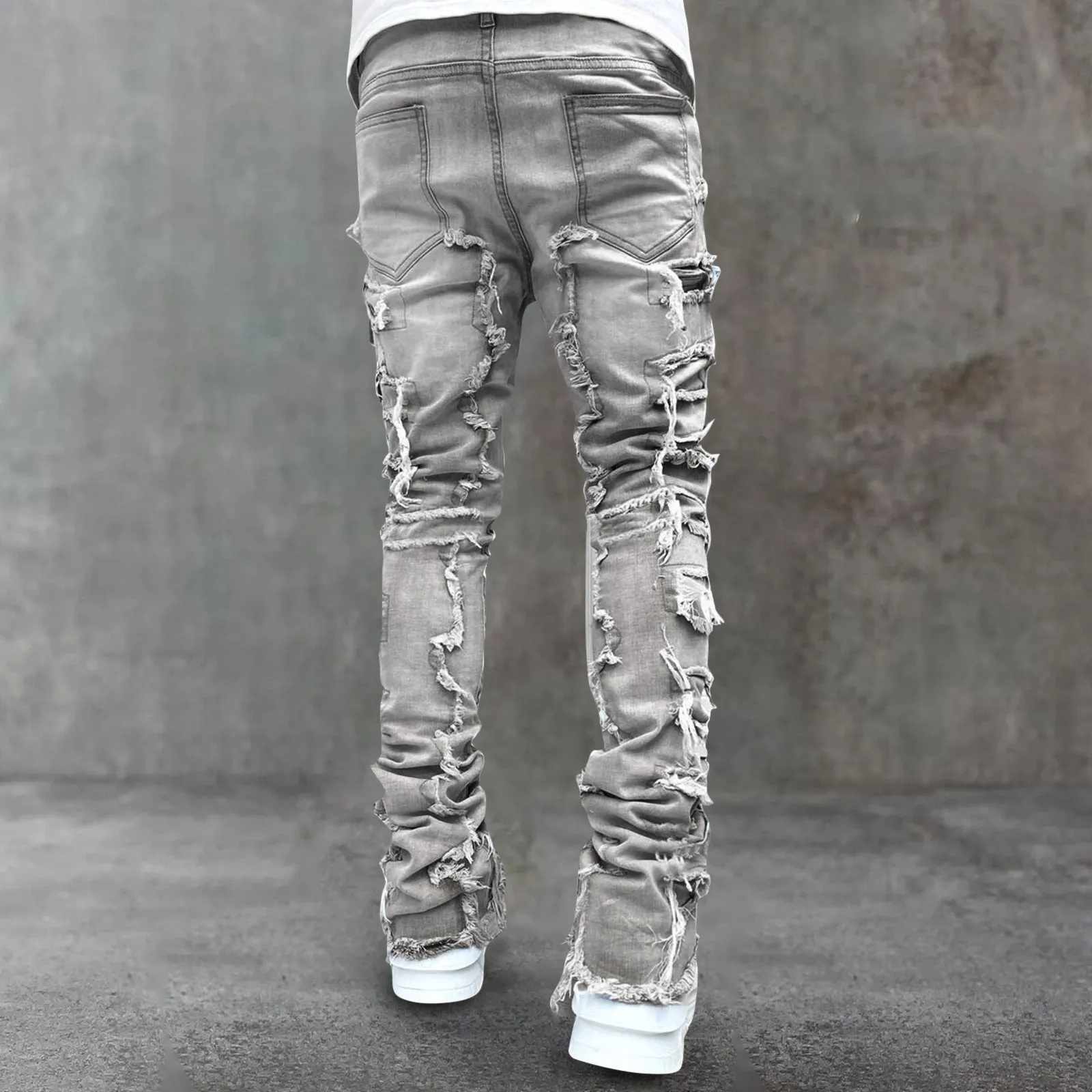 Street fashion stretch patch denim straight pants