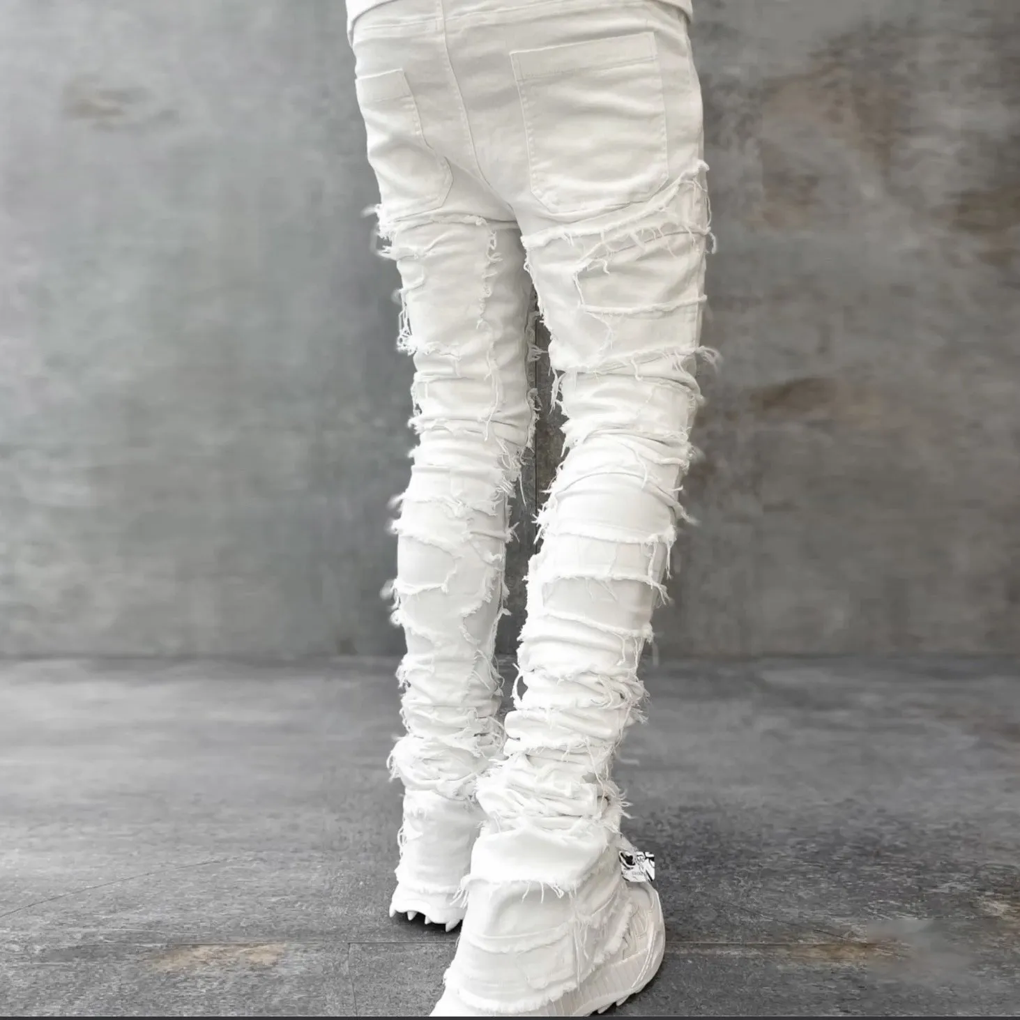 Street fashion stretch patch denim straight pants