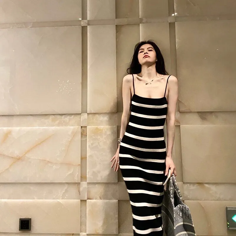 Striped midi spaghetti strap knitting night dress