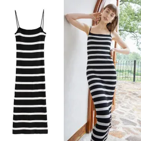 Striped midi spaghetti strap knitting night dress