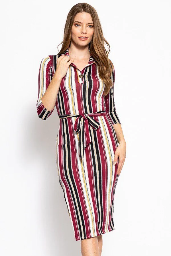 Stripes Print, Midi Tee Dress With 3/4 Sleeves, Collared V Neckline, Decorative Button, Matching Belt And A Side Slit