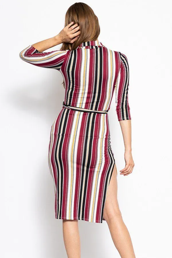 Stripes Print, Midi Tee Dress With 3/4 Sleeves, Collared V Neckline, Decorative Button, Matching Belt And A Side Slit