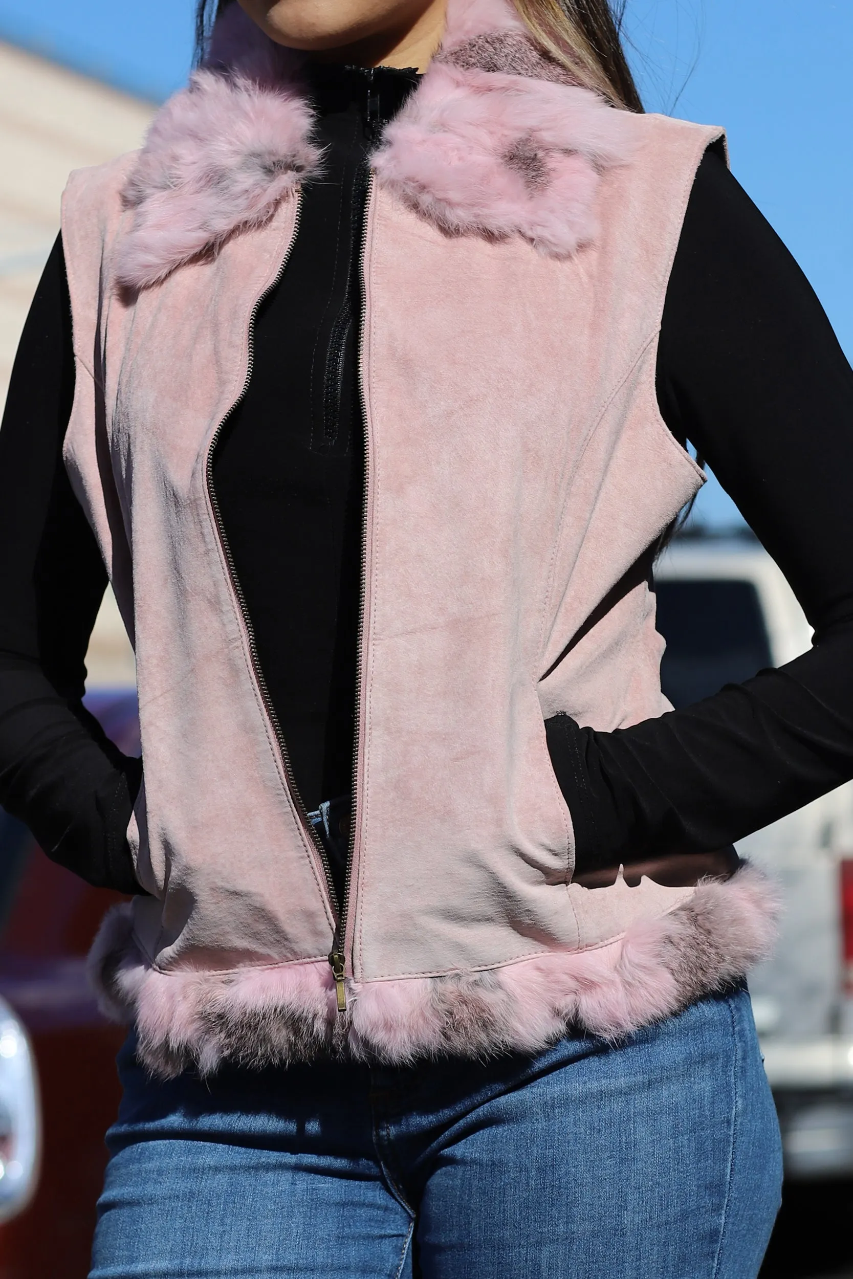 Suede Leather Vest w/ Fur Trim - Pink