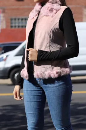 Suede Leather Vest w/ Fur Trim - Pink