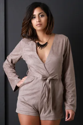 Suede Surplice V-Neck Self-Tie Waist Pocketed Romper