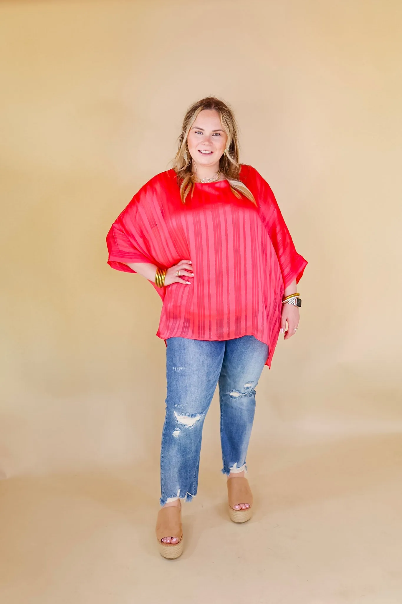 Sunset Horizon Striped Poncho Top with Metallic Detail in Coral Pink