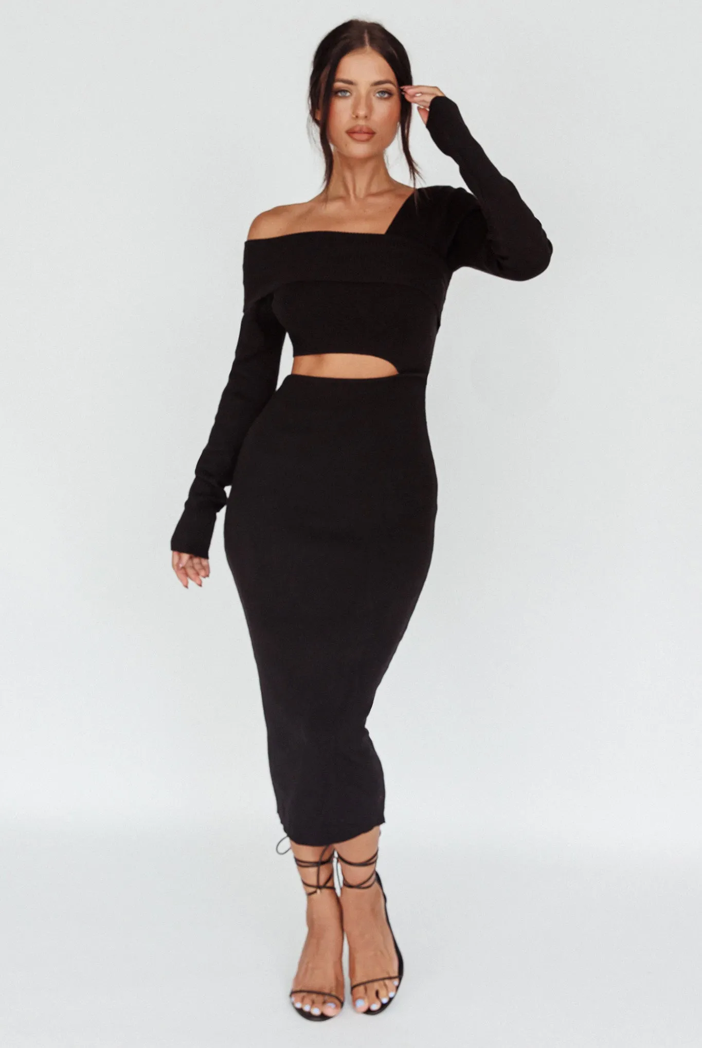 Tamar Long Sleeve One-Shoulder Midi Dress Black