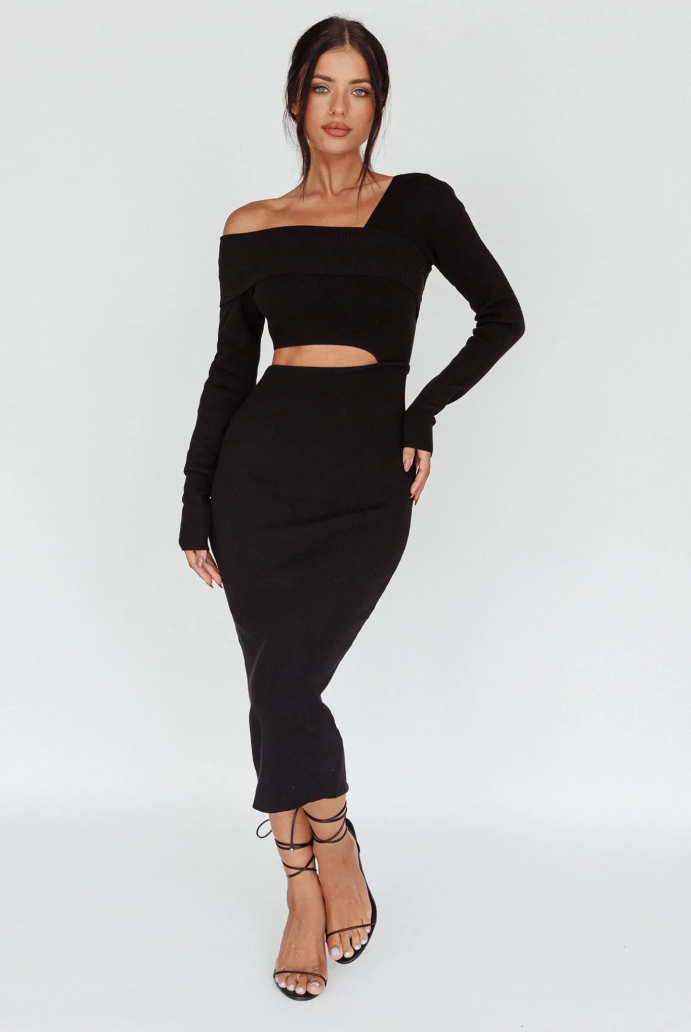 Tamar Long Sleeve One-Shoulder Midi Dress Black