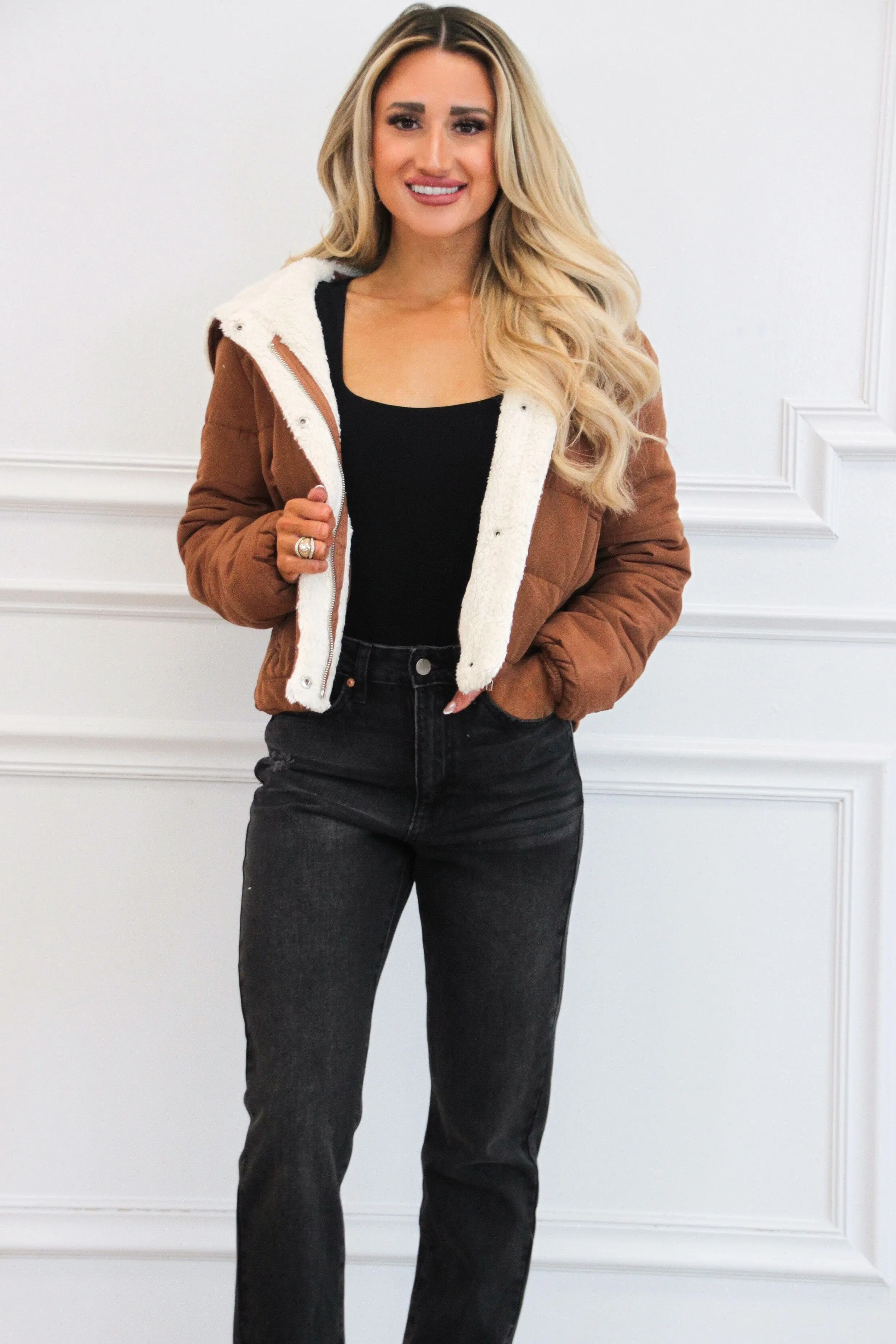 Taz Faux Fur Line Puffer Jacket: Camel