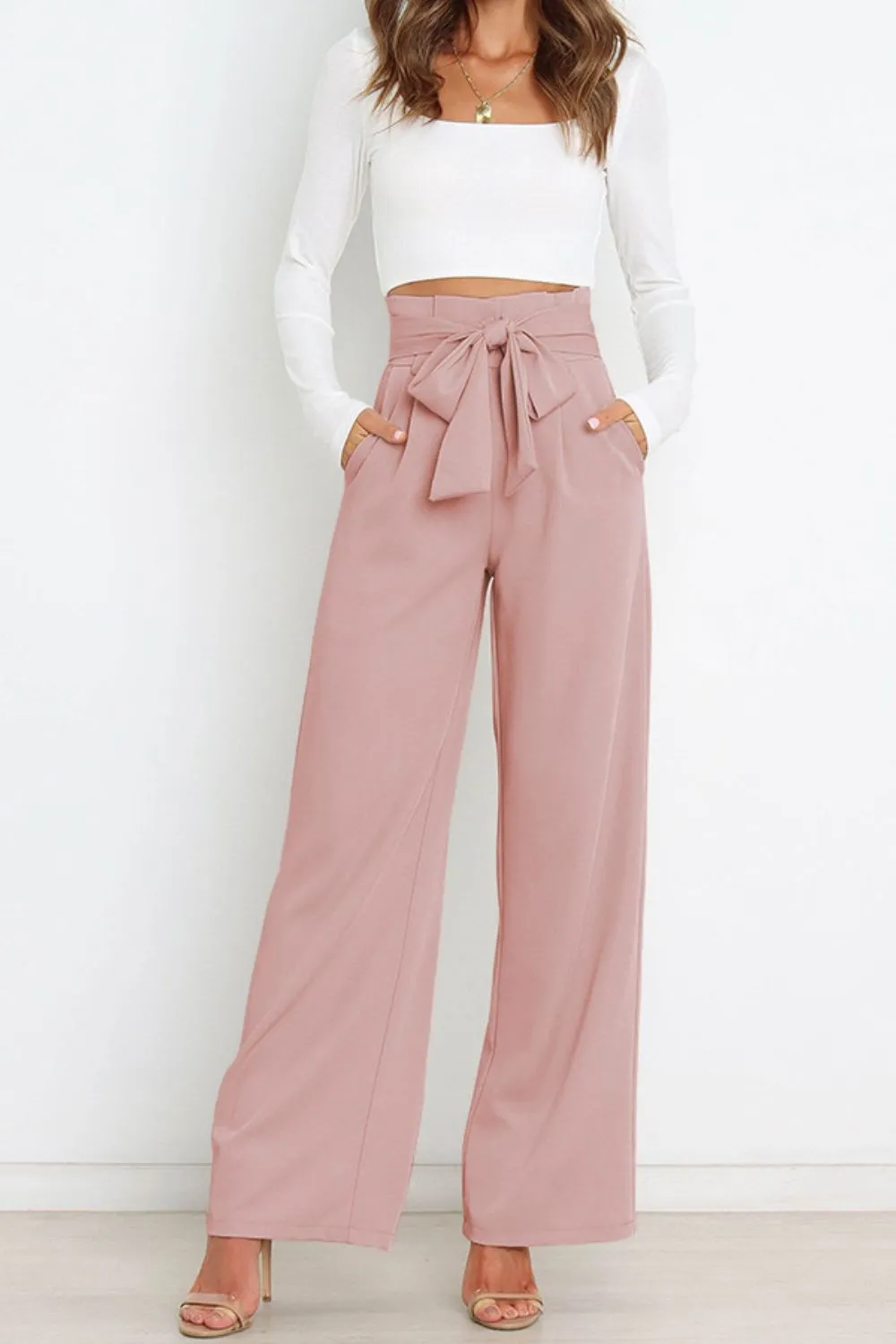 Tie Front Paperbag Wide Leg Pants