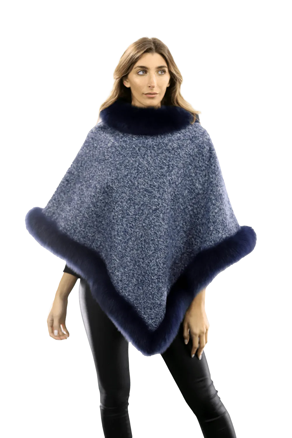 Tweed Poncho with Fur Trim - Navy