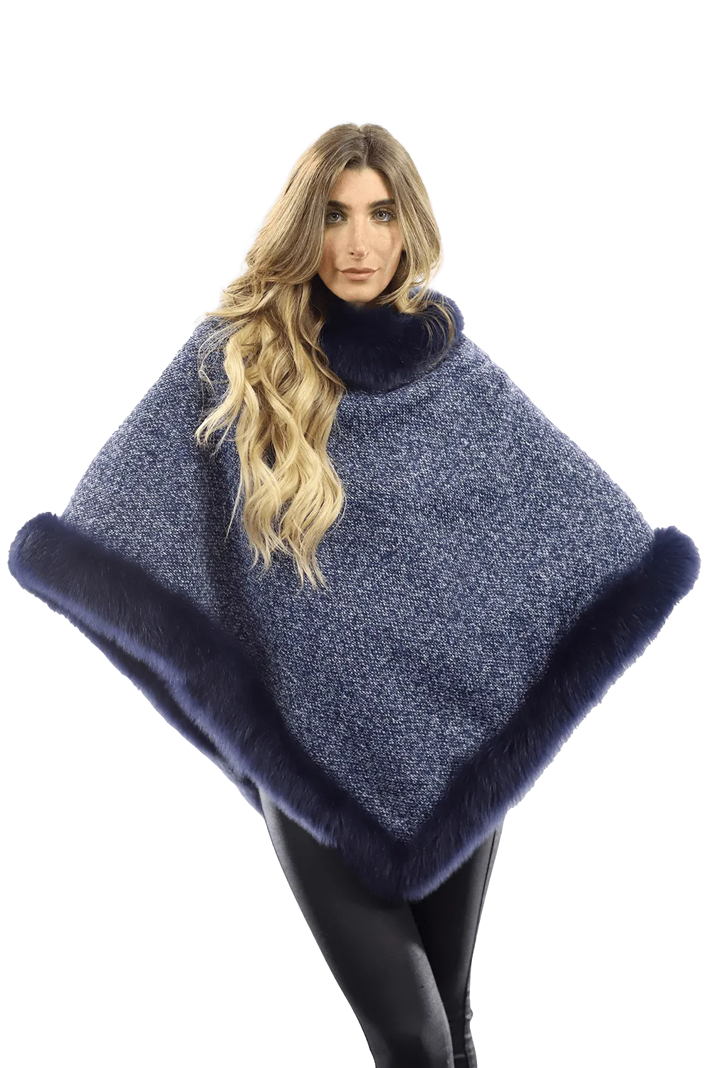 Tweed Poncho with Fur Trim - Navy