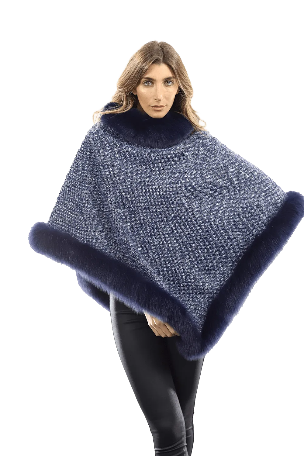 Tweed Poncho with Fur Trim - Navy