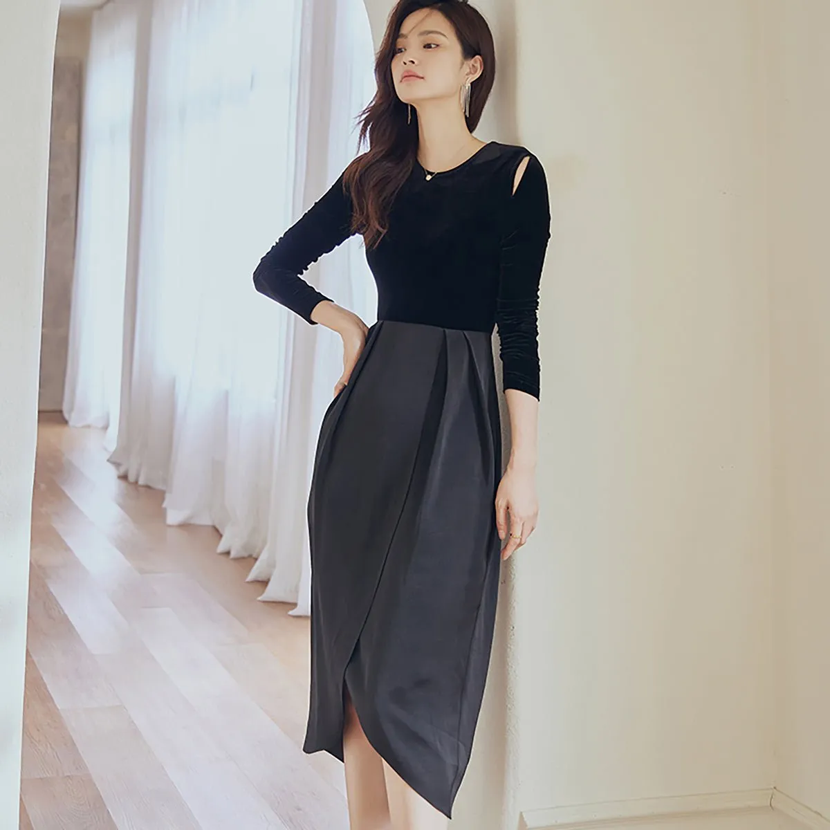 Velvet Shoulder Cut-Out Black Midi Dress