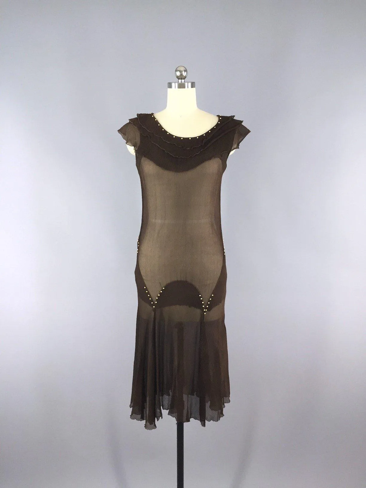 Vintage 1930s Chocolate Brown Silk Chiffon Party Dress