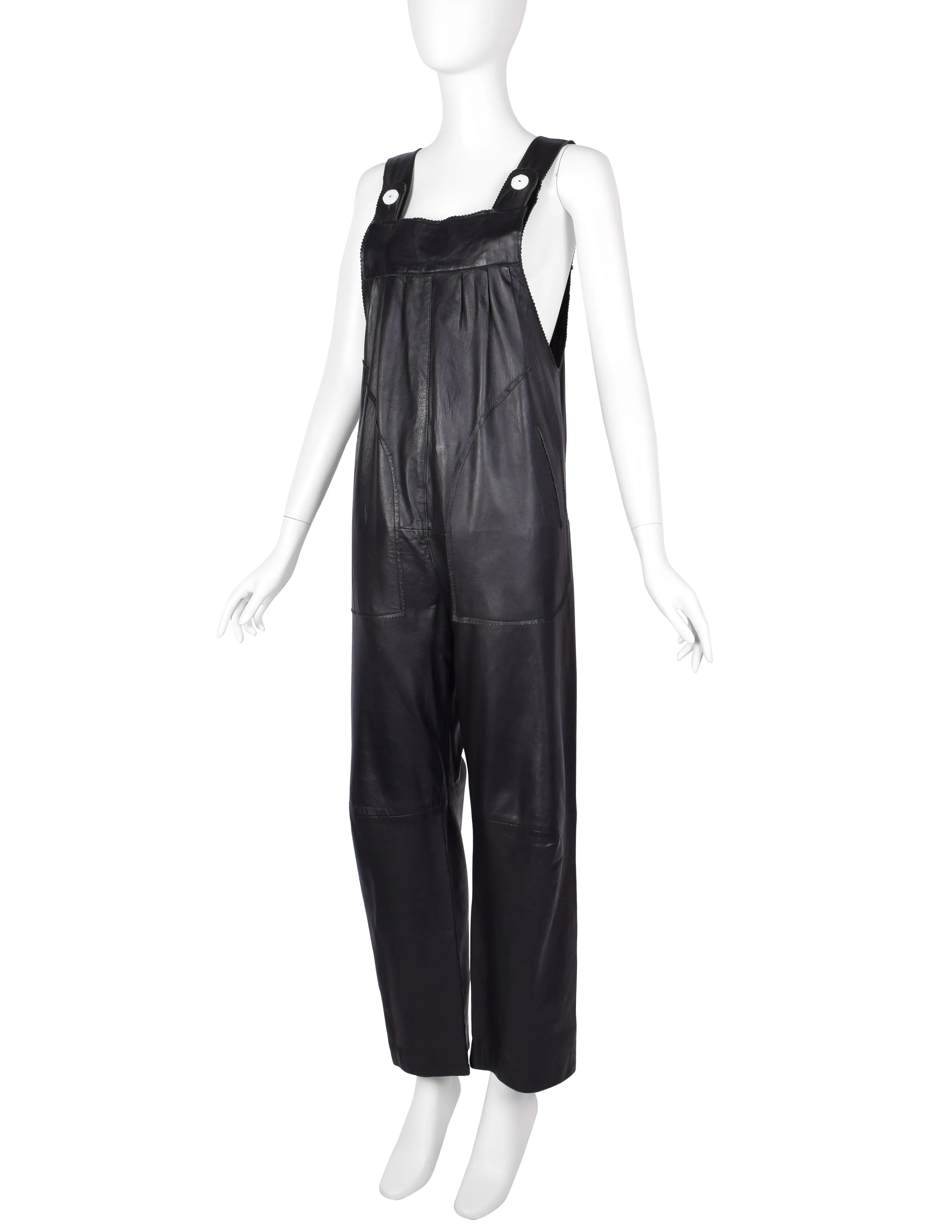 Vintage 1980s Black Leather Jumpsuit Overalls