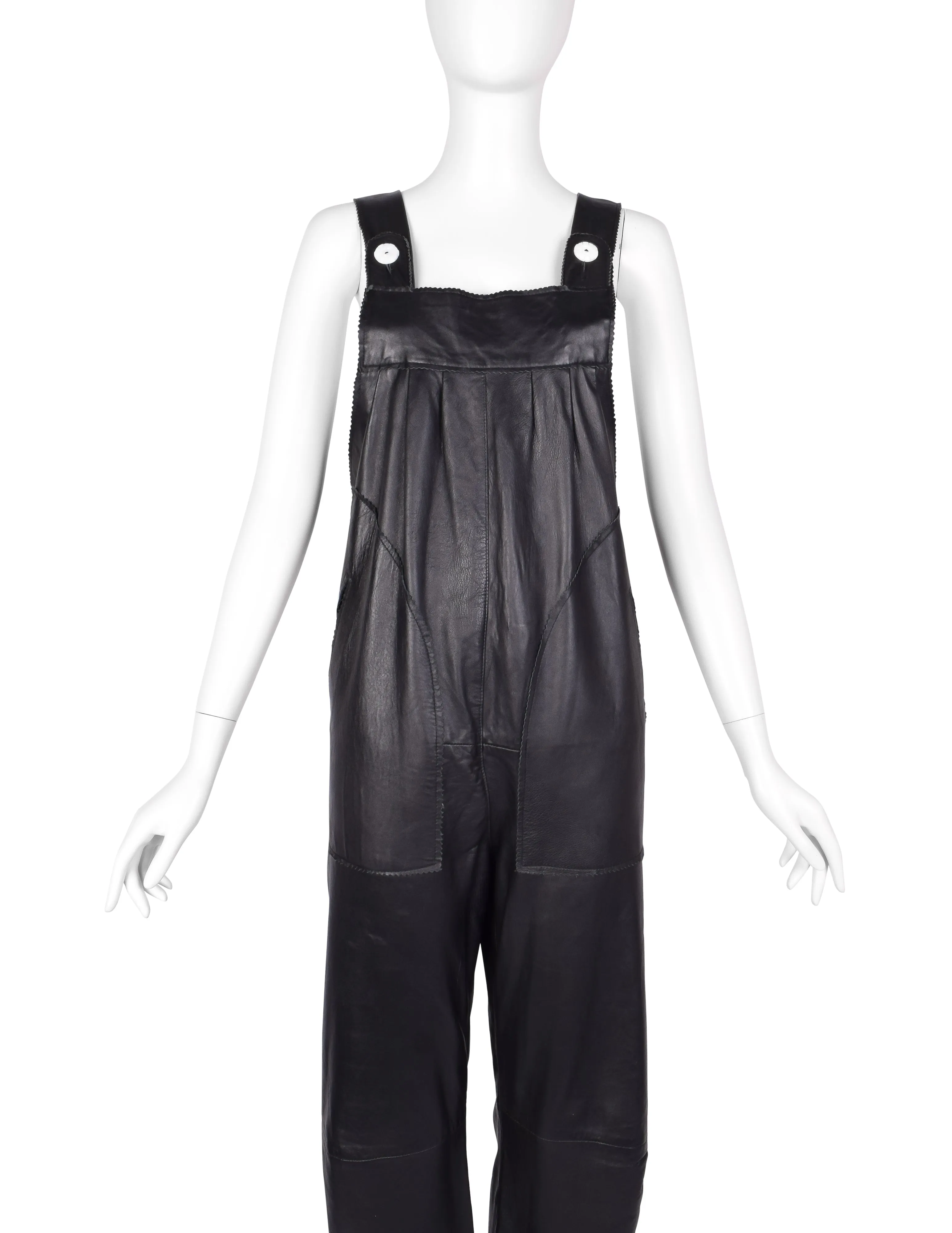 Vintage 1980s Black Leather Jumpsuit Overalls