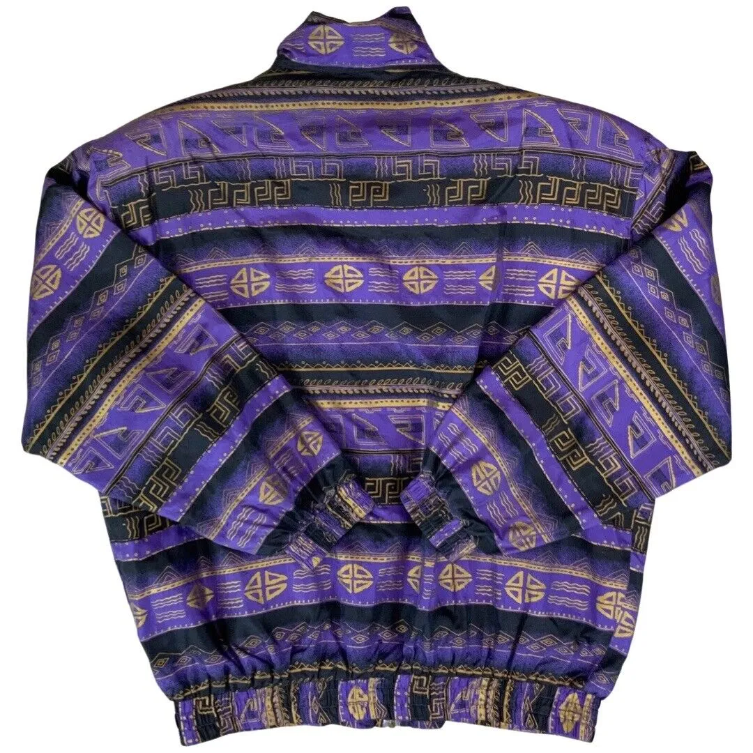 VTG 80s90s Purple Black Gold Coaco Silk Geometric Print Shell Bomber Jacket XXL