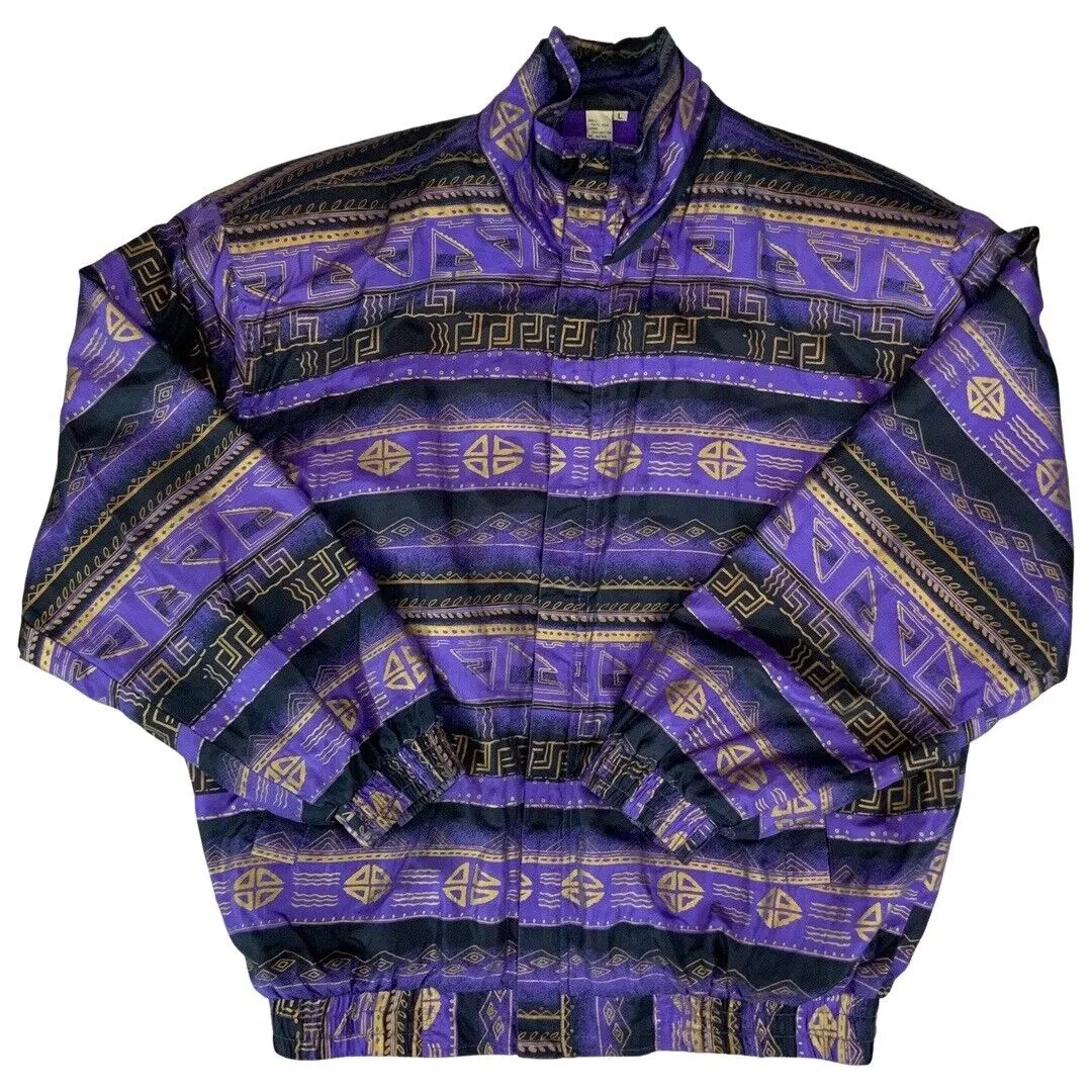 VTG 80s90s Purple Black Gold Coaco Silk Geometric Print Shell Bomber Jacket XXL