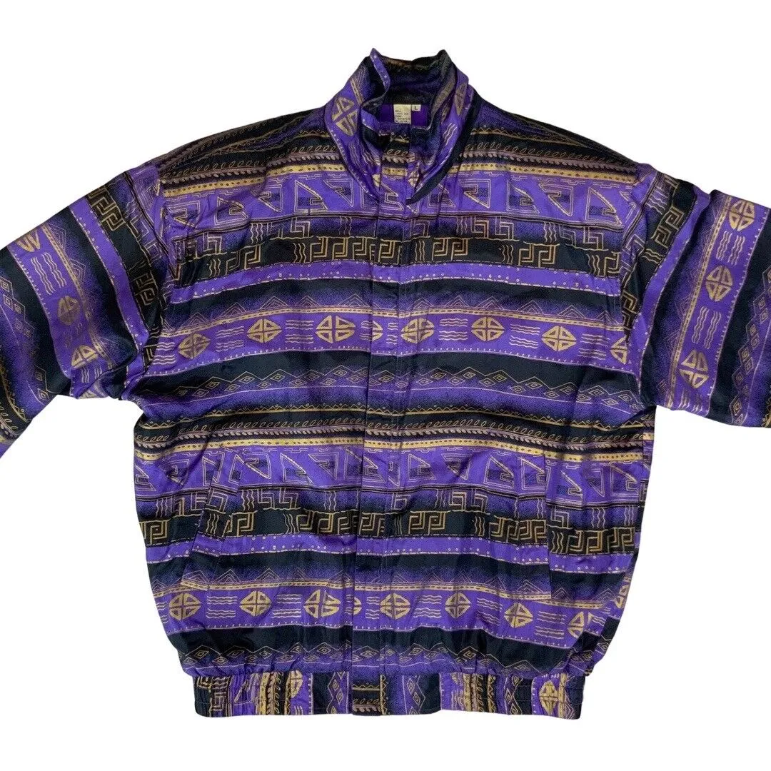 VTG 80s90s Purple Black Gold Coaco Silk Geometric Print Shell Bomber Jacket XXL