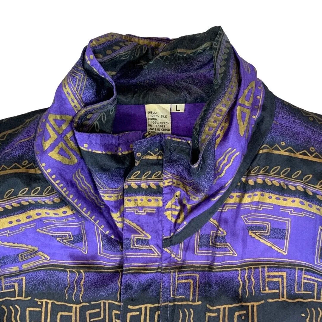 VTG 80s90s Purple Black Gold Coaco Silk Geometric Print Shell Bomber Jacket XXL