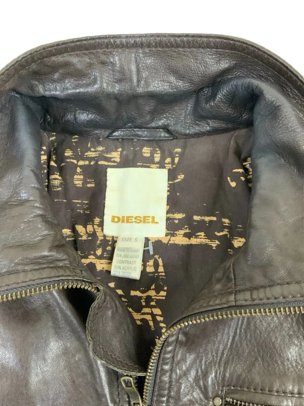 VTG BROWN ZIP DIESEL LEATHER BOMBER JACKET SIZE S 38"