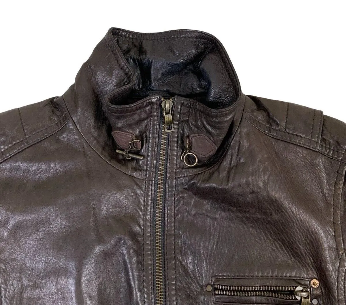 VTG BROWN ZIP DIESEL LEATHER BOMBER JACKET SIZE S 38"